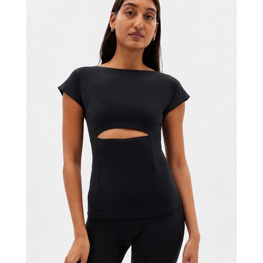 Girlfriend Collective Black Cutout Short Sleeve Active Top Size L NWT